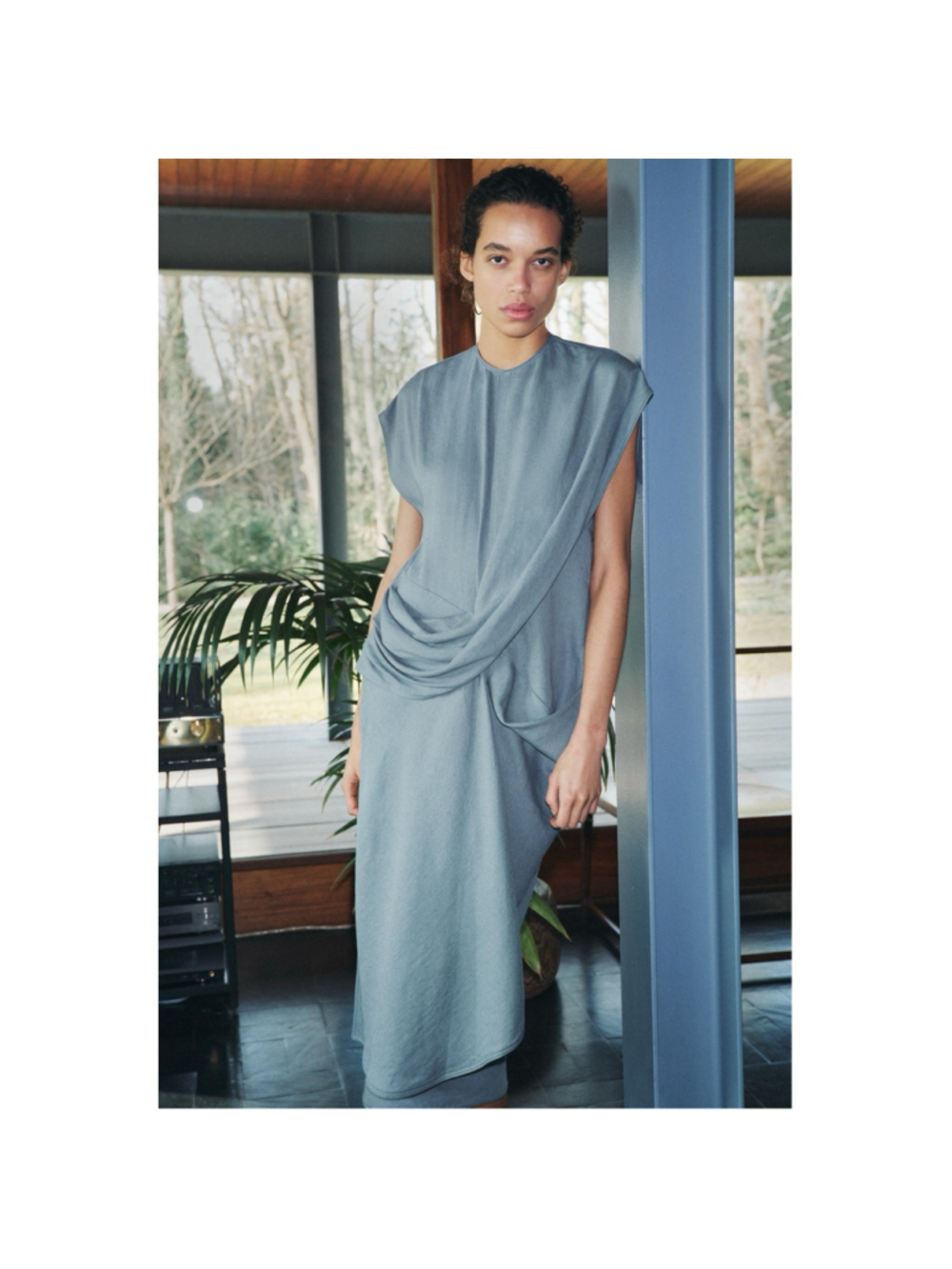 Zara Linen Blend Draped Midi Dress Blue Asymmetrical Minimalist XS NWT - Picture 2 of 11